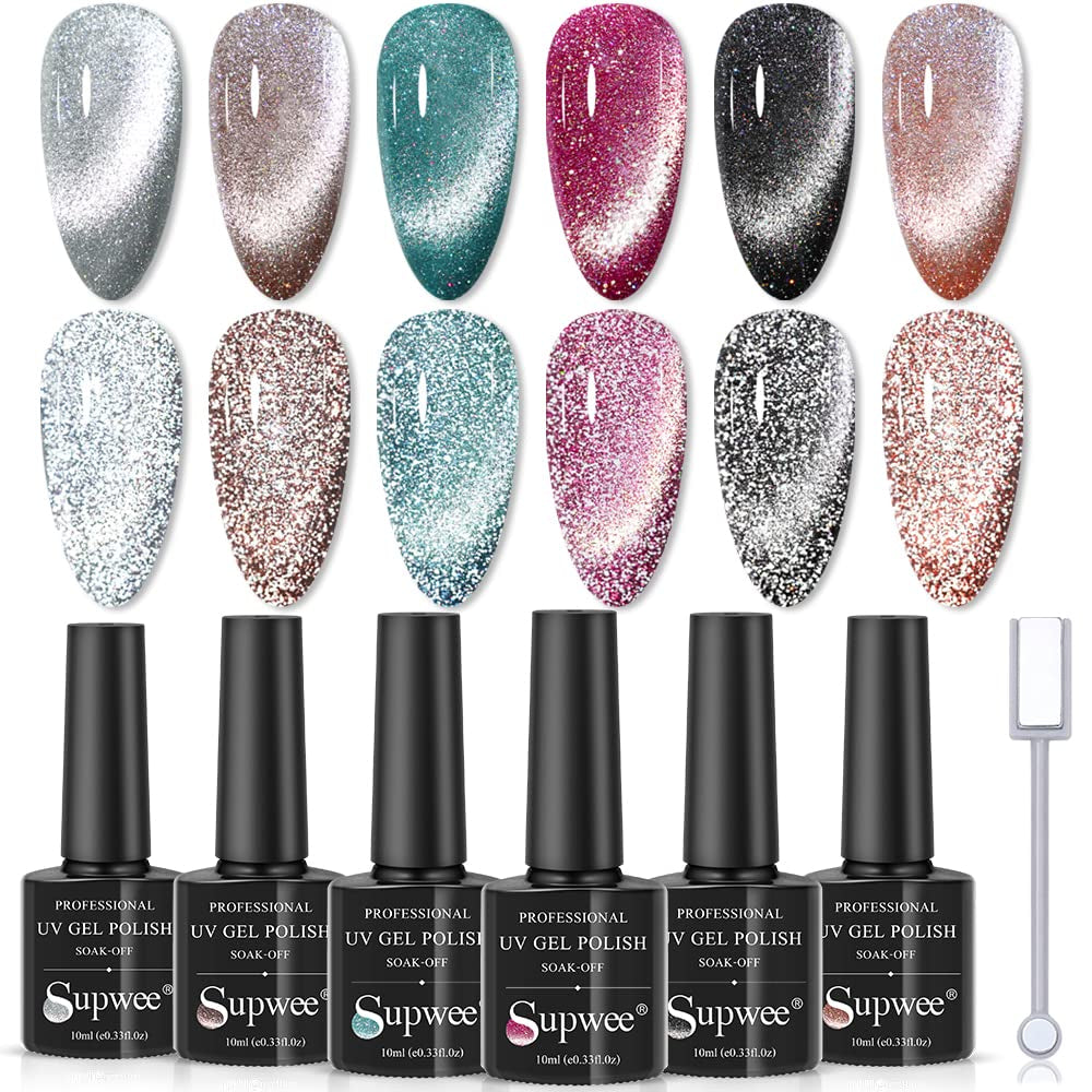 Reflective Cat Eye Gel Nail Polish Sparkling Holographic Magnetic Nail Polish Gel 9D Cateye Gel Polish Set 12 Colors with Magnet for Home DIY Manicure Nail Salon