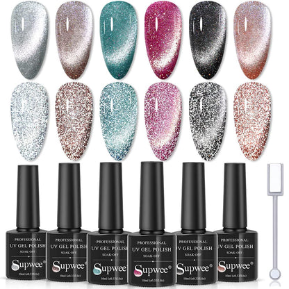 Reflective Cat Eye Gel Nail Polish Sparkling Holographic Magnetic Nail Polish Gel 9D Cateye Gel Polish Set 12 Colors with Magnet for Home DIY Manicure Nail Salon