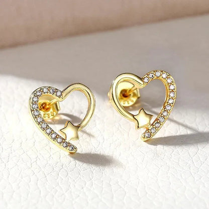 14K  Gold Love Heart Star White Zircon Stud Earrings for Women Wedding Engagement Bride Jewelry Gift
