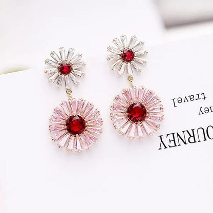 CANDICE High Quality 18K Yellow Gold Plating Gorgeous Women Pink Flower Dangling Earrings Pave Clear Red Cubic Zirconia Dancing Party Jewelry Accessories