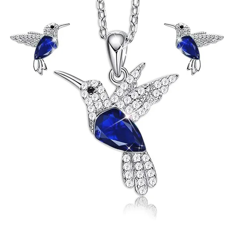 Hummingbird  Silver Jewelry Set Women Pendant Necklace and Stud Earring Set CrystalsFine Animal Jewelry, Gift for Mothers Day