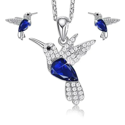 Hummingbird  Silver Jewelry Set Women Pendant Necklace and Stud Earring Set CrystalsFine Animal Jewelry, Gift for Mothers Day