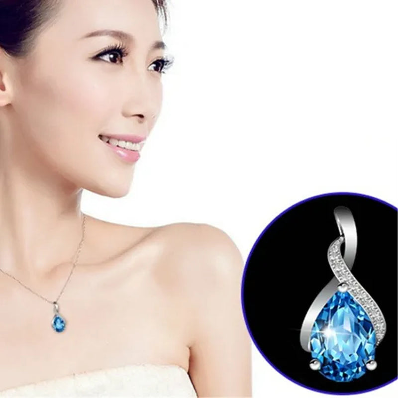 Natural Drop Shape Blue Topaz Pendant 925 Sterling Silver Necklace Female Jewelry Simple Clavicle Chain Girlfriend Birthday Gift