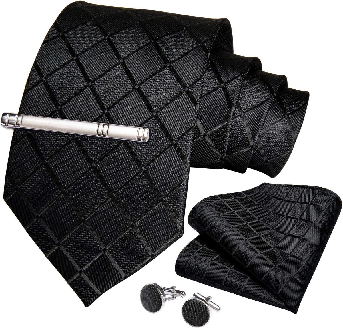 Plaid Ties for Men Silk Checkered Necktie and Pocket Square Cufflinks Tie Clip Set with Gift Box for Wedding Business