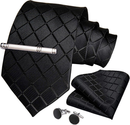 Plaid Ties for Men Silk Checkered Necktie and Pocket Square Cufflinks Tie Clip Set with Gift Box for Wedding Business