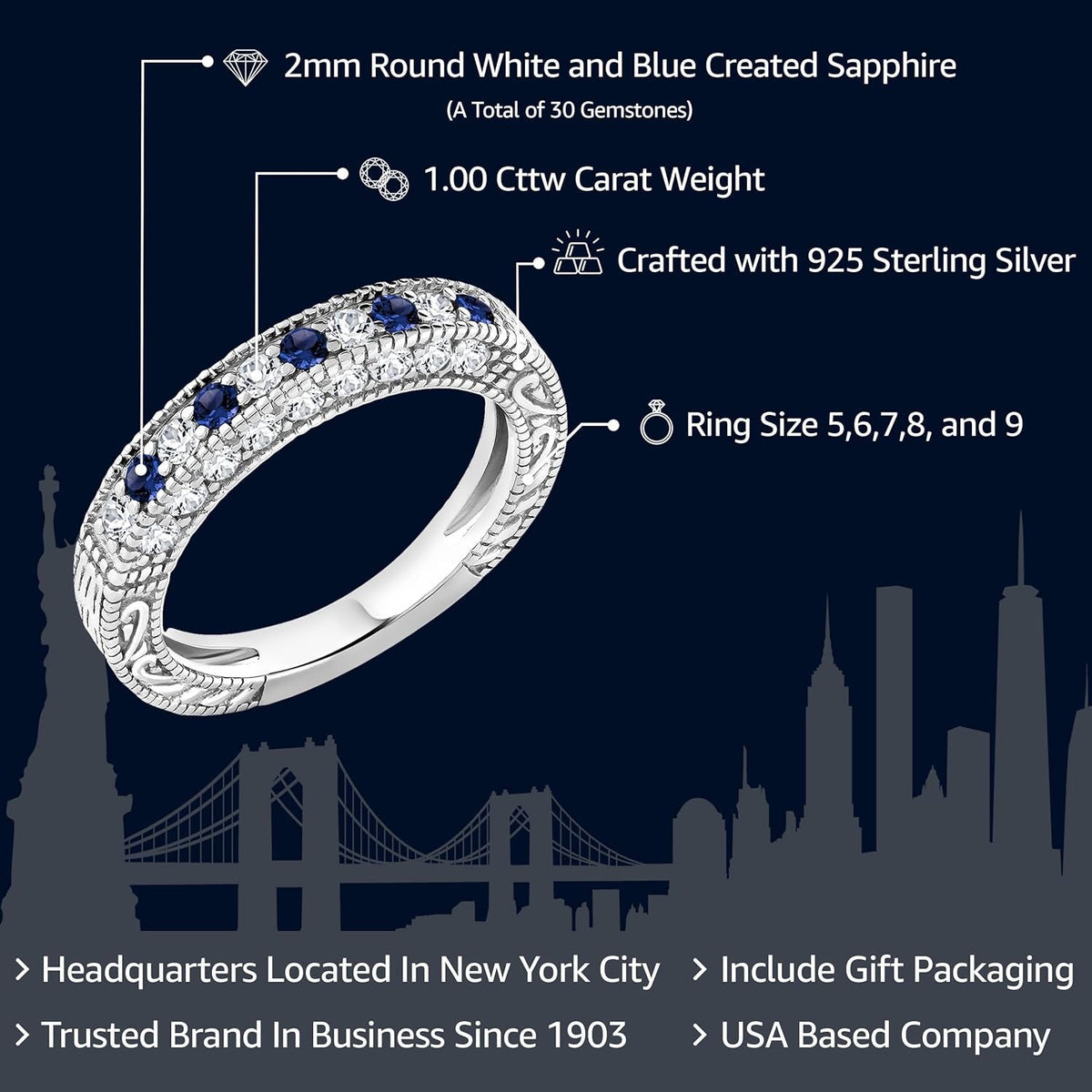 925 Sterling Silver Blue and White Created Sapphire Ring | Wedding Band Ring for Women | 1.00 Cttw | Available in Size 5, 6, 7, 8, 9