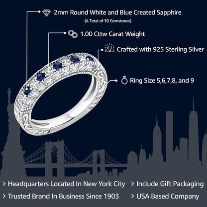 925 Sterling Silver Blue and White Created Sapphire Ring | Wedding Band Ring for Women | 1.00 Cttw | Available in Size 5, 6, 7, 8, 9