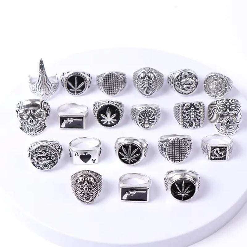 Pack of 20pcs Retro Punk Gothic Antique Silver Plated Metal Rings Jewelry For Men Women