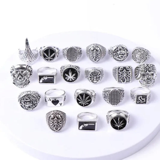 Pack of 20pcs Retro Punk Gothic Antique Silver Plated Metal Rings Jewelry For Men Women
