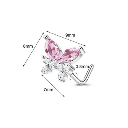 5/6Pcs 20G Nose Rings Stud L Shape Nose Rings Cubic Zirconia Butterfly Flower Eye Moon Heart Shape Nose Studs Piercing Jewelry for Women Men