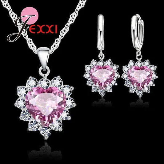 Hottest New Fashion Rhodium Coated Necklace Loop Earring Jewelry Sets Romantic Heart Lover Woman Wedding Gifts
