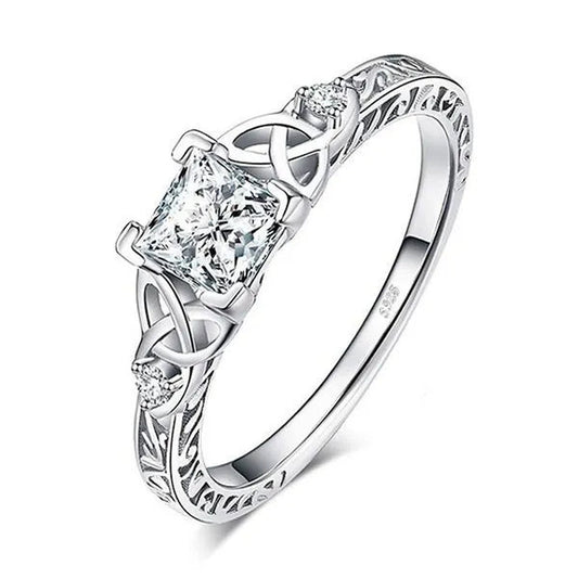 Classic and Fashionable silver-plated Celtic Knot Princess Geometric Cubic Diamond Ring Bridal Engagement Wedding Ring Size 5-11