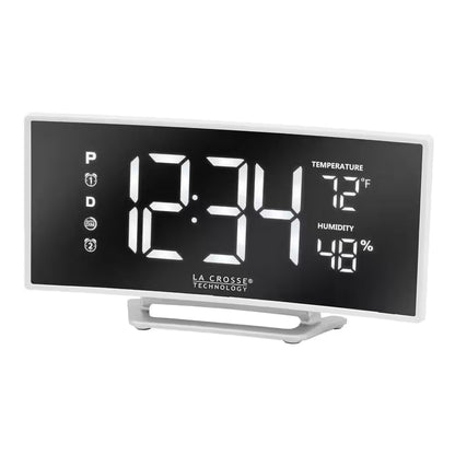 Curved Mirror LED Alarm Clock with Temperature & Humidity, USB Port