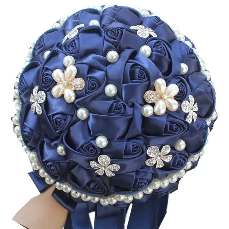 18CM Dark Blue Wedding Bouquet Pearl Diamond Brooch Bride Holding Flowers Artificial Silk Rose Bridesmaid Flower Bouquet Fake Flower