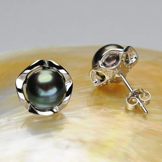 Real 925 Sterling Silver Black Freshwater Pearl Stud Earring Fashion Jewelry Women Gifts FEIGE