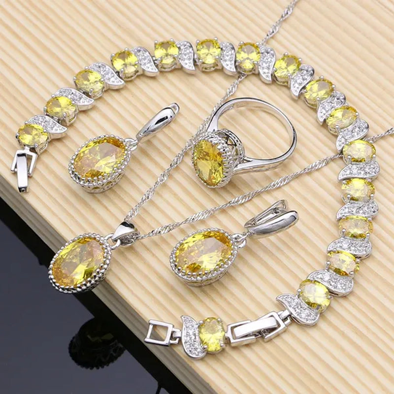Natural 925 Sterling Silver Jewelry Yellow Topaz Jewelry Sets Wedding Women Earrings/Pendant/Necklace/Ring/Bracelets