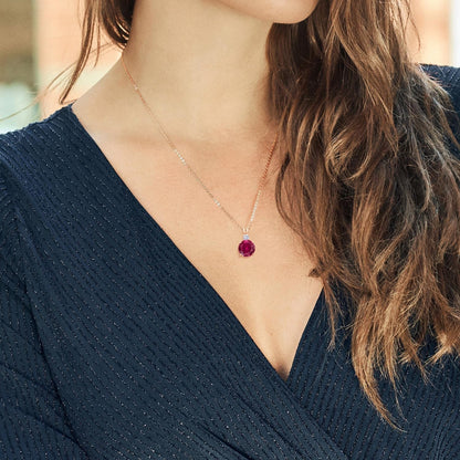 18K Rose Gold Plated Silver Red Created Ruby and White Moissanite Pendant Necklace for Women (4.16 Cttw, round 10MM, with 18 Inch Chain)