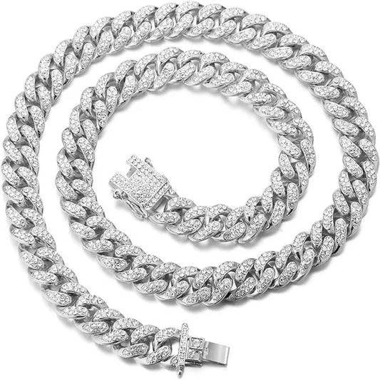 Women Mens Cuban Link Chain Gold Silver Bling Miami Cuban Necklace Diamond Chain for Men Iced-Out Hip Hop Jewelry
