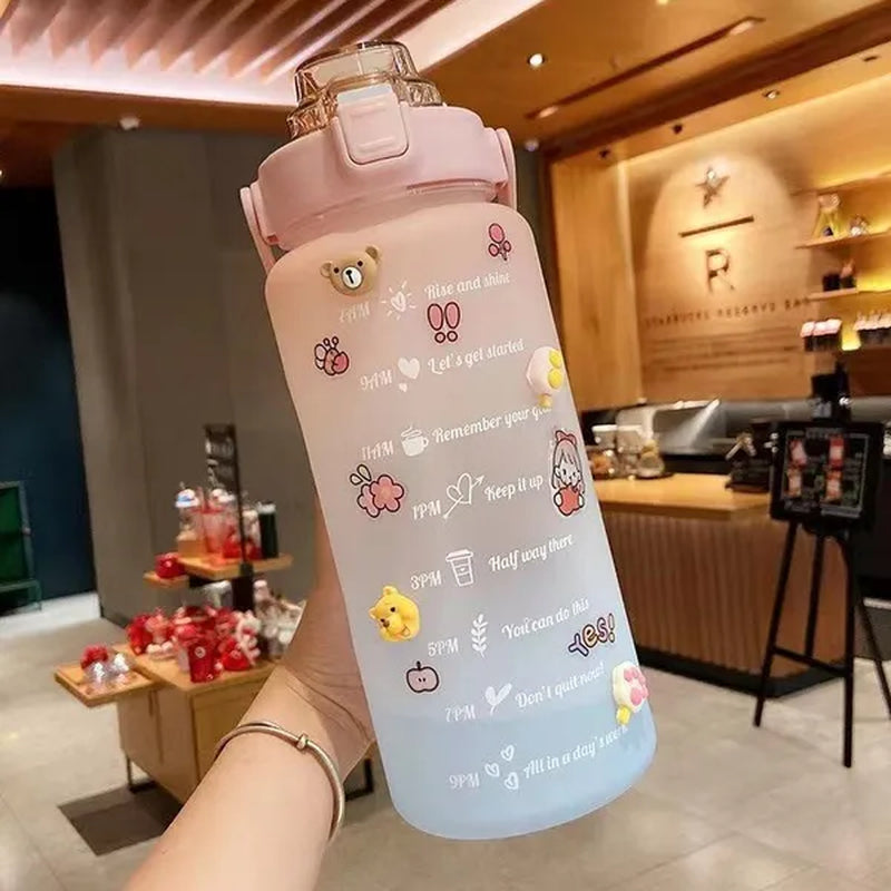 Water Bottle With Time Marker & Straw, 900ML/2000ML Large Capacity Motivational Leakproof Plastic Water Jug For Fitness Gym School Outdoor Travel Work Camping Hiking Hunting Fishing To Ensure You Drink Enough Water Daily