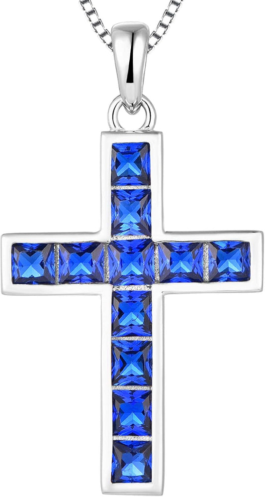 925 Sterling Silver Cross Necklace for Women Halo Pendant Princess Cut Birthstone Jewelry for Mom