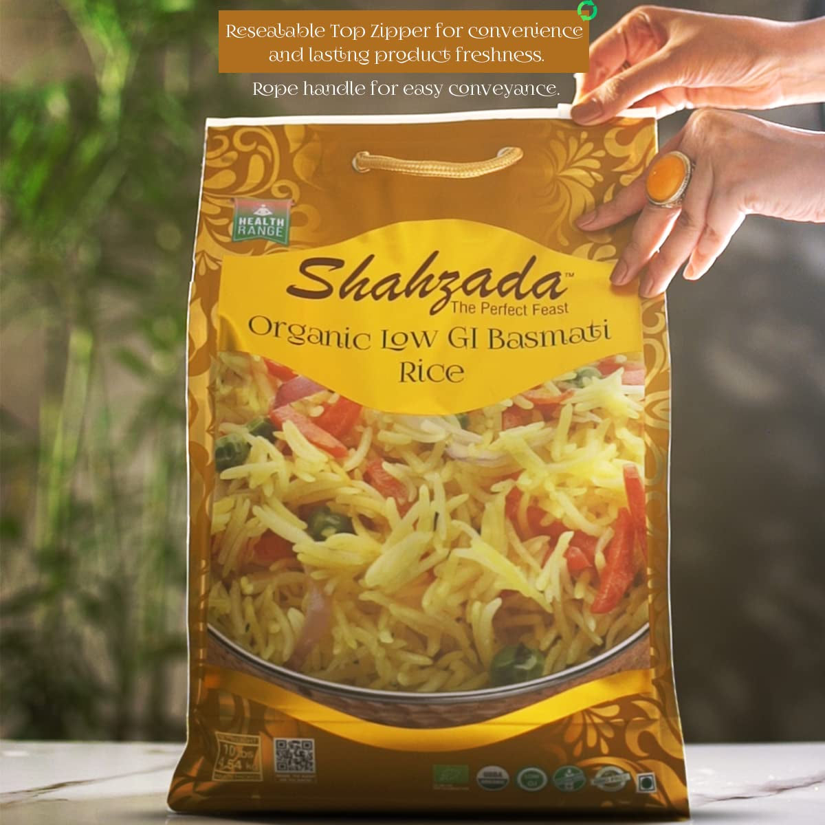 Diabetic Friendly, Specially Processed Basmati Rice 10 Lbs | Low G.I. Index Value, 100% USDA ORGANIC Certified Rice, Extra Long Grain, Vegan NON-GMO, Vegan, Gluten, Soy, Egg Free, Resealable Zip-Lock Bag to Seal Freshness-Tradition of Quality |10 Pound Pa