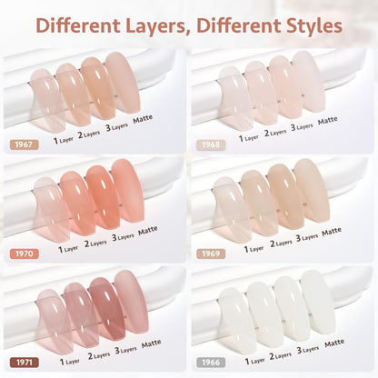 Milky Jelly Nude Gel Nail Polish Set, 6 Transparent Colors Sheer White Pink Soak off UV Light Cure Gel Polish Kit for Salon and Nail Art DIY at Home