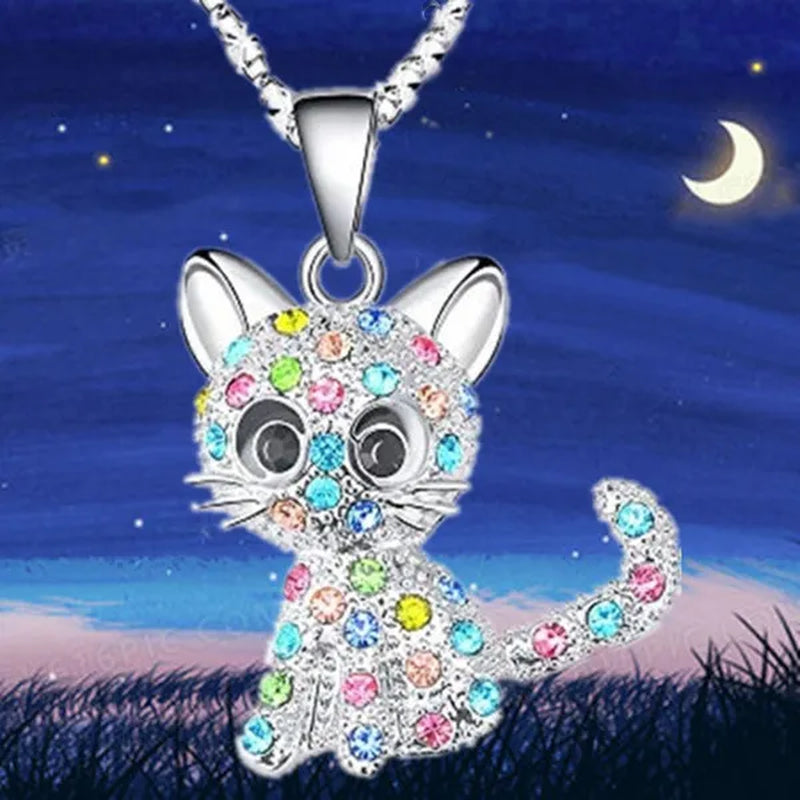 Elegant Fashion Creativity European and American Personality Women's Zircon Cat Jewelry Diamond Necklace Color Zircon Necklace Classic Cat Necklace Exquisite Women's Necklace Valentine's Day Christmas Anniversary Gift Necklace