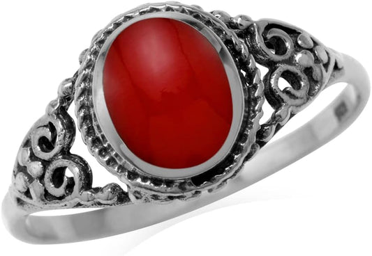 8X6Mm Created Oval Shape Red Coral Inlay 925 Sterling Silver Filigree Victorian Style Ring Gemstone Jewelry Size 8