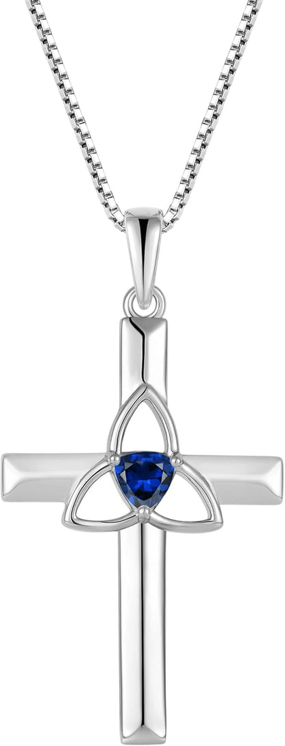 Celtic Cross Necklace 925 Sterling Silver with White Gold Plated Birthstone Pendant Necklaces for Women
