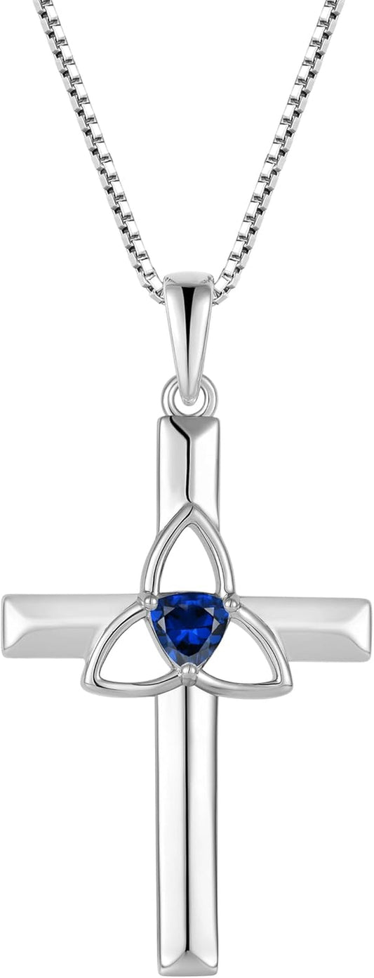 Celtic Cross Necklace 925 Sterling Silver with White Gold Plated Birthstone Pendant Necklaces for Women