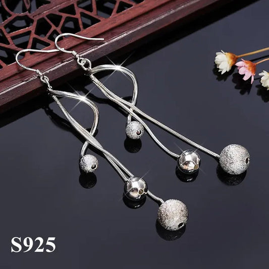 Elegant Women's 925 Sterling Silver Tassel Beads Long Drop Earrings Couple Gifts Wedding Party Jewelry Gifts