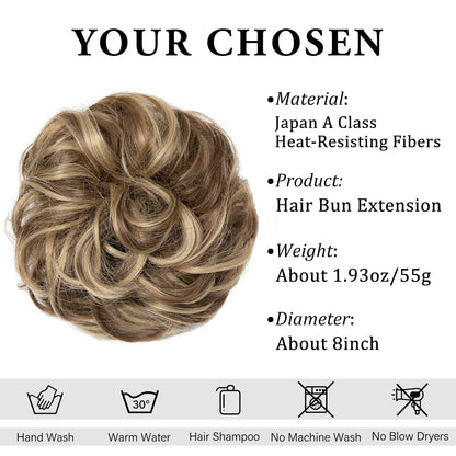 Large Messy Bun Hair Piece Wavy Curly Scrunchies Synthetic Chignon Ponytail Hair Extensions Thick Updo Hairpieces for Women Brunette/Ash Blonde