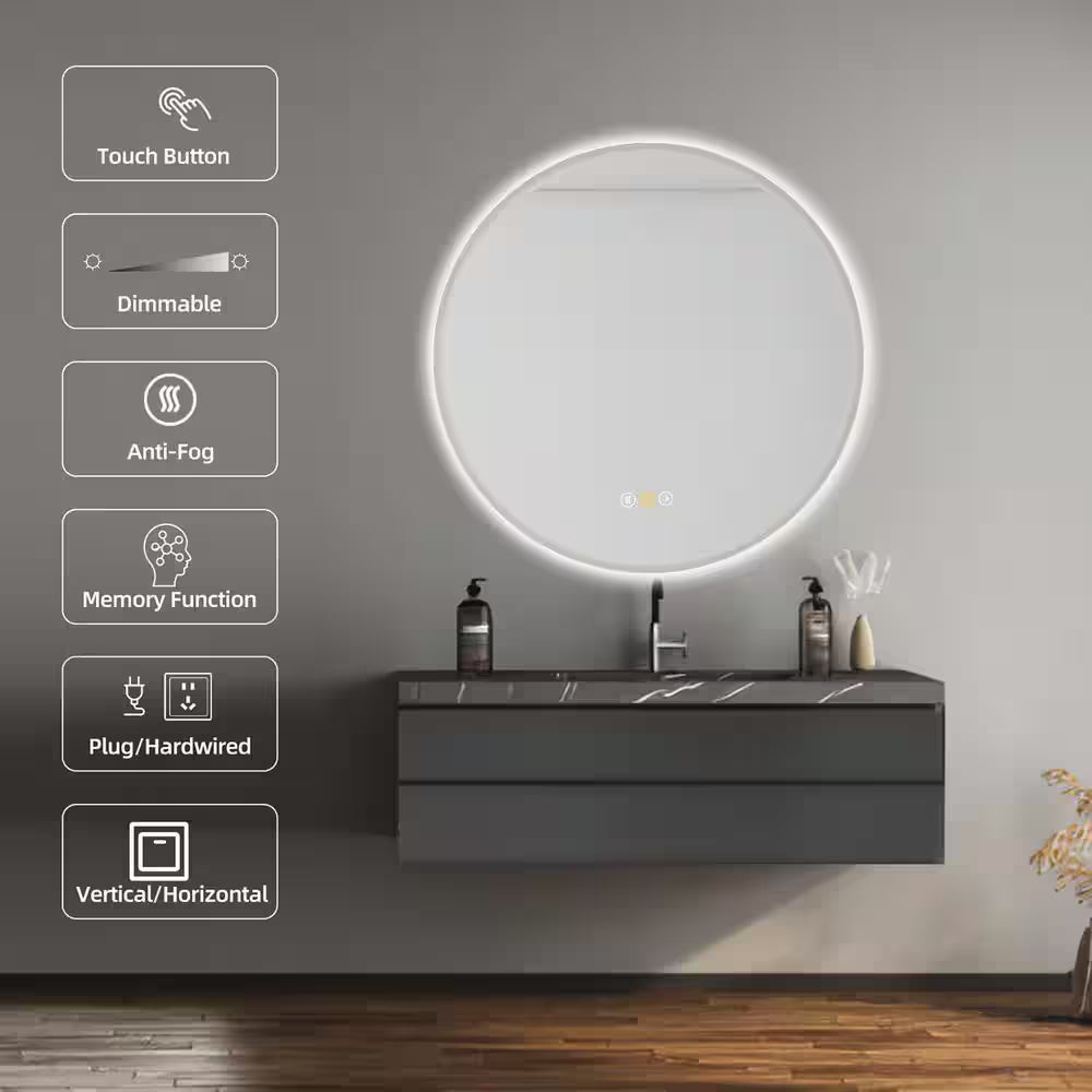 RS 32 In. W X 32 In. H round Beveled Edge 3 Colors Dimmable LED Anti-Fog Memory Wall Mount Bathroom Vanity Mirror