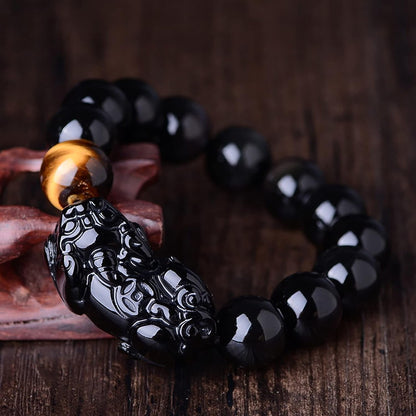 Beaded Bracelets,Protection Bracelets for Men Women，Feng Shui Bracelet Amulet Pixiu Black Vintage Bracelet Natural Black Obsidian Tiger Eye Beaded Chakra Balancing Bracelet Crystal Ward-Off Evil Spiri