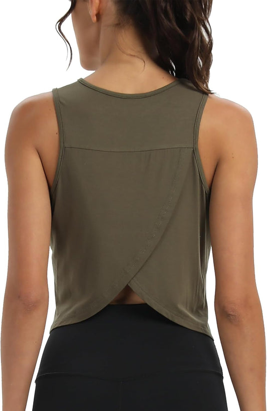 Workout Tops for Women Cropped Open Back Sleeveless Tank Tops Athletic Gym Yoga Shirts Loose Fit