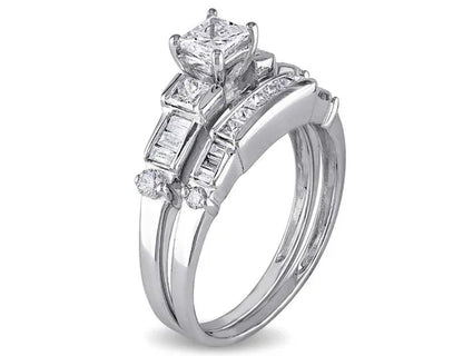 Princess Cut 1.0 Carat (ctw Color G-H Clarity I2_I3) Diamond Engagement Ring & Wedding Band  14K White Gold