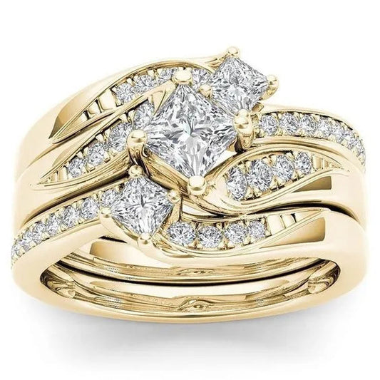 3 Pcs/Set Exquisite Fashion 925 Sterling Silver Natural White Sapphire and Diamond Ring Set Anniversary Gift Bridal Engagement Wedding Jewelry Set Ring Size 5-11 (3 style silver, gold, rose gold)
