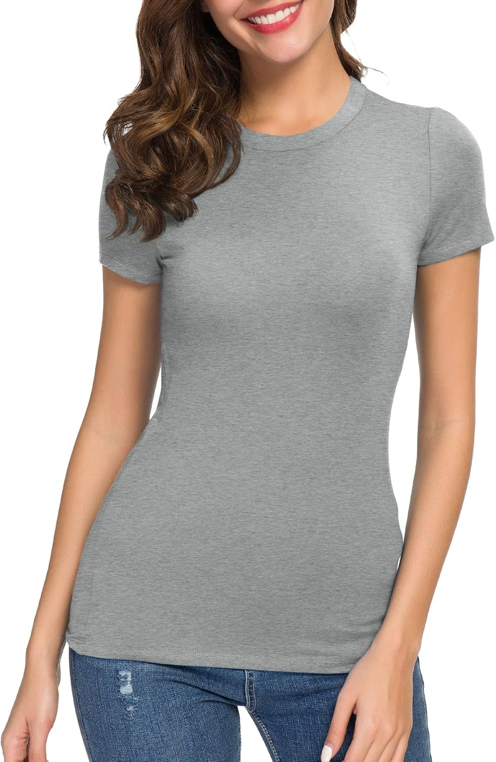Women'S Crewneck Slim Fitted Short Sleeve T-Shirt Stretchy Bodycon Basic Tee Tops