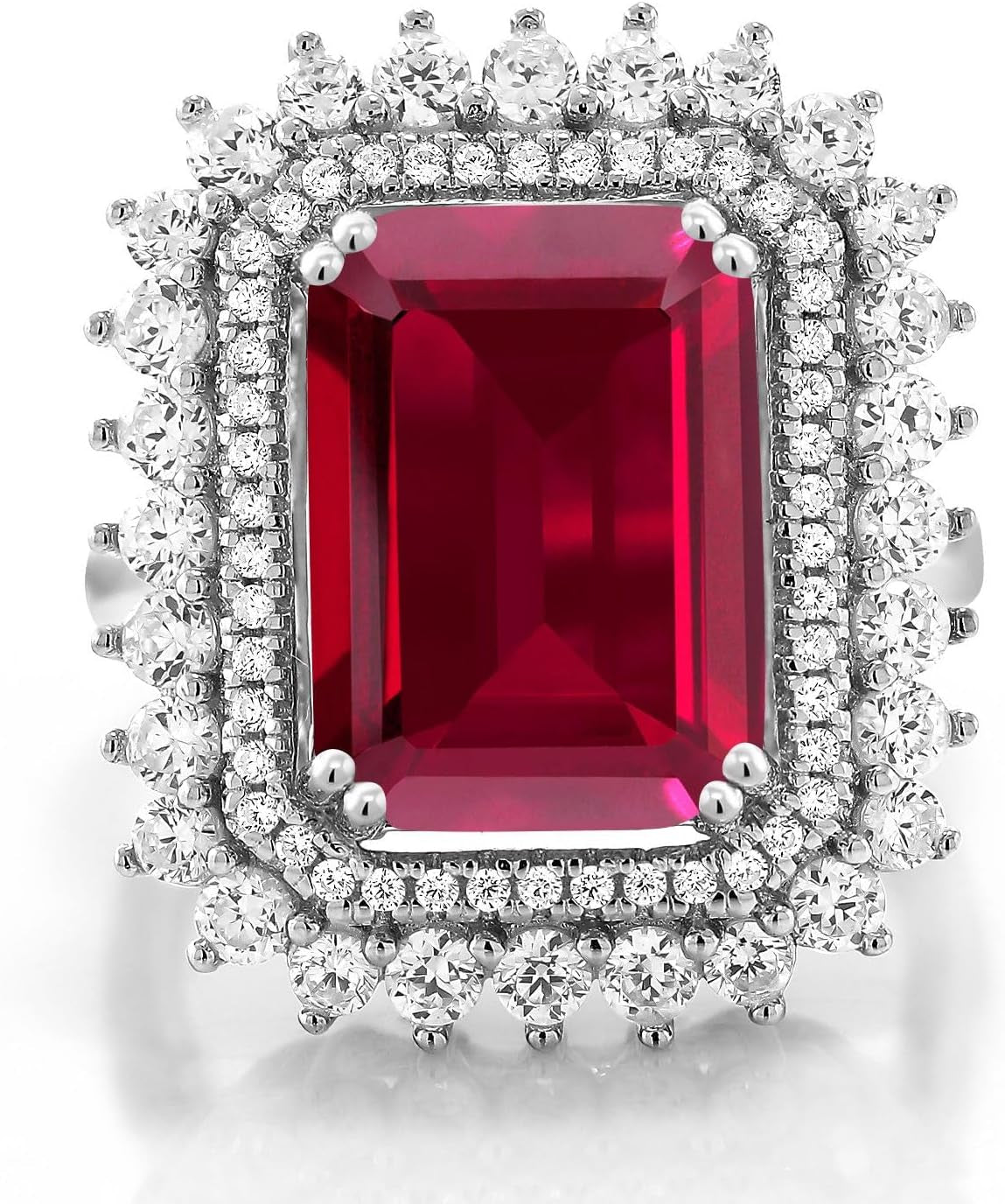 8.60 Cttw Red Created Ruby Ring for Women in 925 Sterling Silver | Emerald Cut 14X10MM | Available in Size 5,6,7,8,9