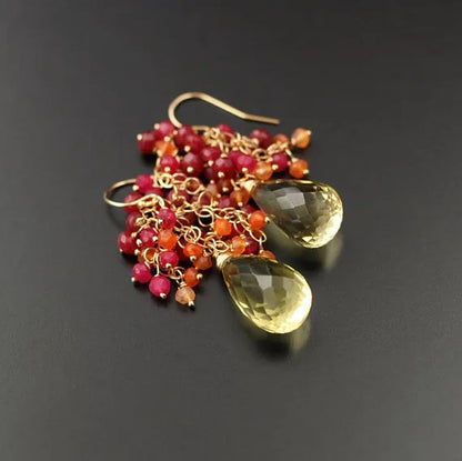 Gemstone Earrings Drop Earrings Ruby Earrings Cluster Earrings Lemon Topaz Earrings