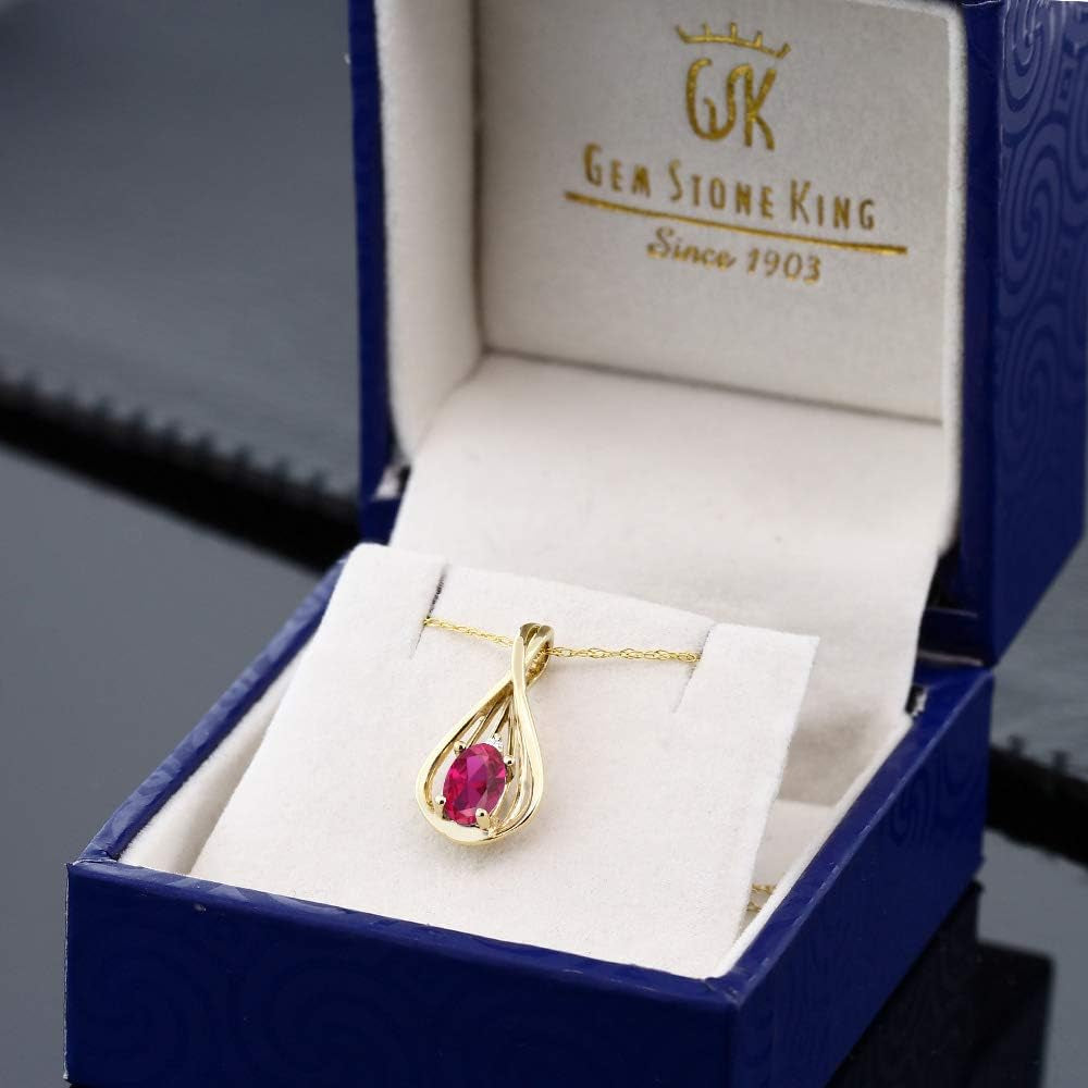 10K Yellow Gold Red Created Ruby and White Diamond Teardrop Pendant Necklace for Women (0.50 Cttw, Gemstone July Birthstone, Oval 6X4MM, with 18 Inch Chain)