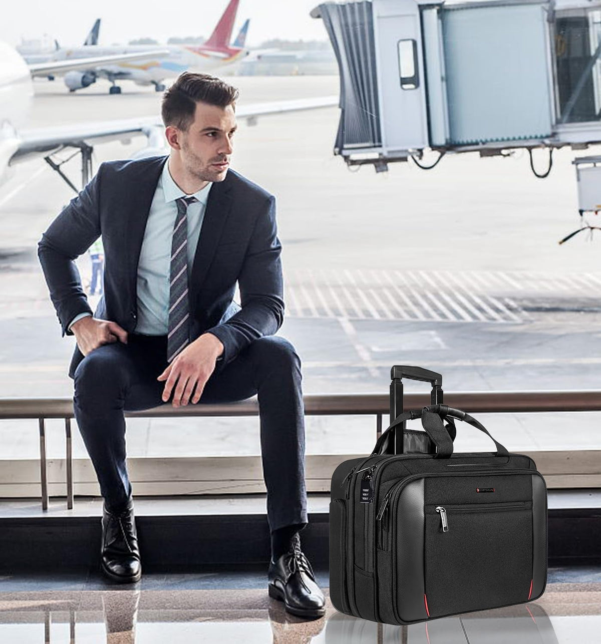Rolling Briefcase Laptop Bag,17.3" Computer Bag with Wheels, Water Repellent Travel Roller Underseat Bag with RFID Blocking Pocket,Rolling Work Bags for Women/Men -Black