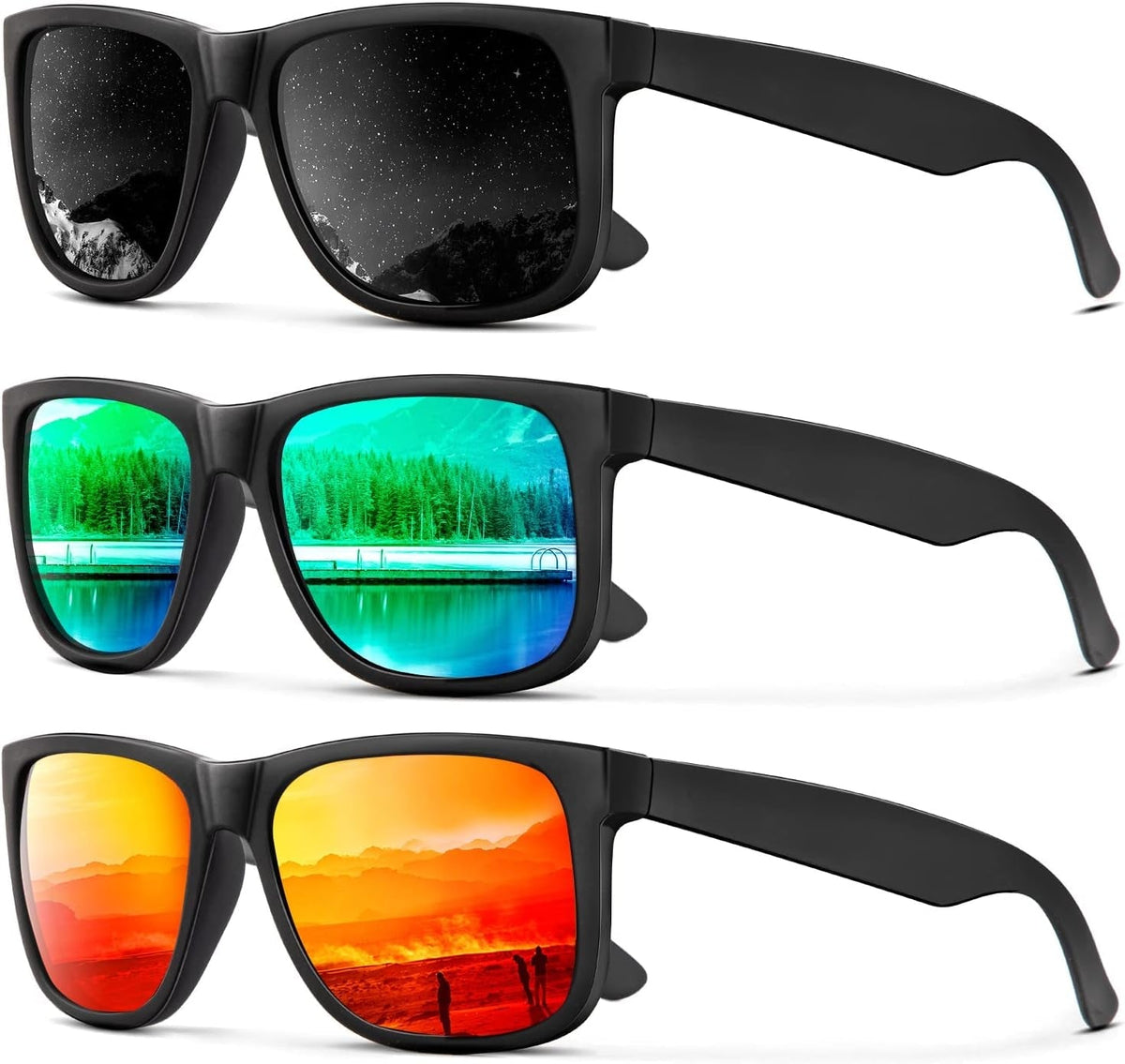 Sunglasses Men Polarized Sun glasses for Mens Womens Classic Matte Black Frame UV Protection 3pack