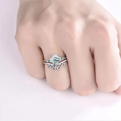 Exquisite Women's Fashion Two Tone Silver & Rose Gold Oval Cut Green Moss Agate & Blue Sapphire Ring Set Anniversary Gift Engagement Wedding Rings Jewelry Size 5-10