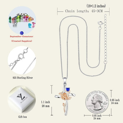 Cross Necklace 925 Sterling Silver Rose Flower Crucifix Pendant Birthstone Criss Jewelry for Women
