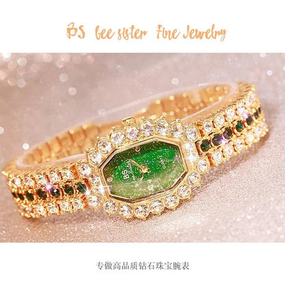 BS Brand Fashion Watches Women Ladies Diamonds Small Bracelet Watch Green Stone Gold Waterproof Montre femme