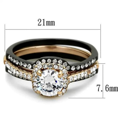 His & Hers 3pc Rose Gold Stainless Steel Wedding Ring Set & Black Titanium Band
