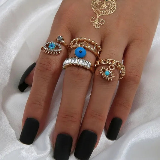 4 Pcs/sets New Fashion Diamond Set Hollow Ring Vintage Evil Eye Finger Ring for Girl Women Jewelry Accessories