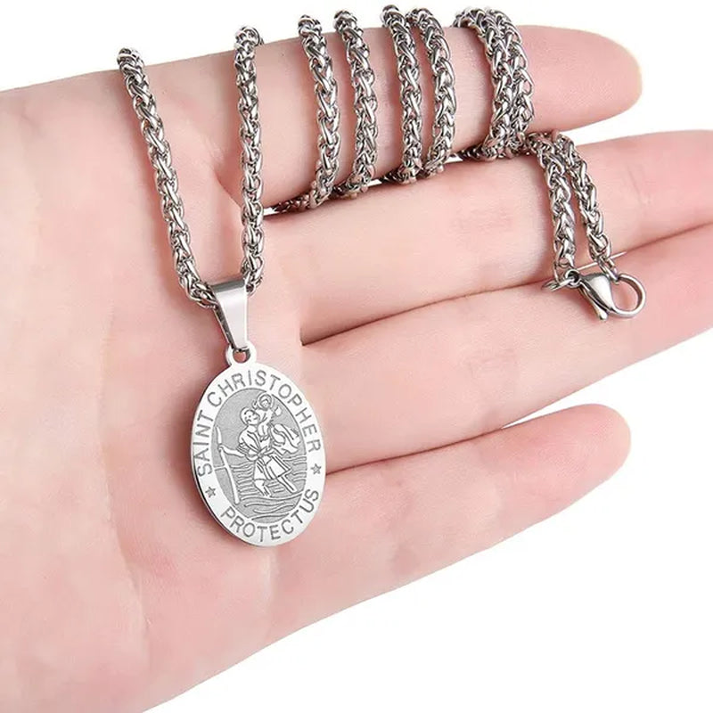 Religious Catholicism Amulet Oval Saint Christopher Necklace for Men Women, 316L Stainless Titanium Steel Catholic Patron Saint of Travellers St Christopher Pendant with Chain 23.6 Inches Black / Silver / Gold
