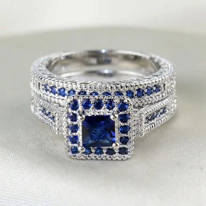 Two Rings Couple Rings Forever Love 316L Stainless Steel Men's Ring 10kt White Gold Filled Princess cut 1ct Sapphire Women's Wedding Ring Sets